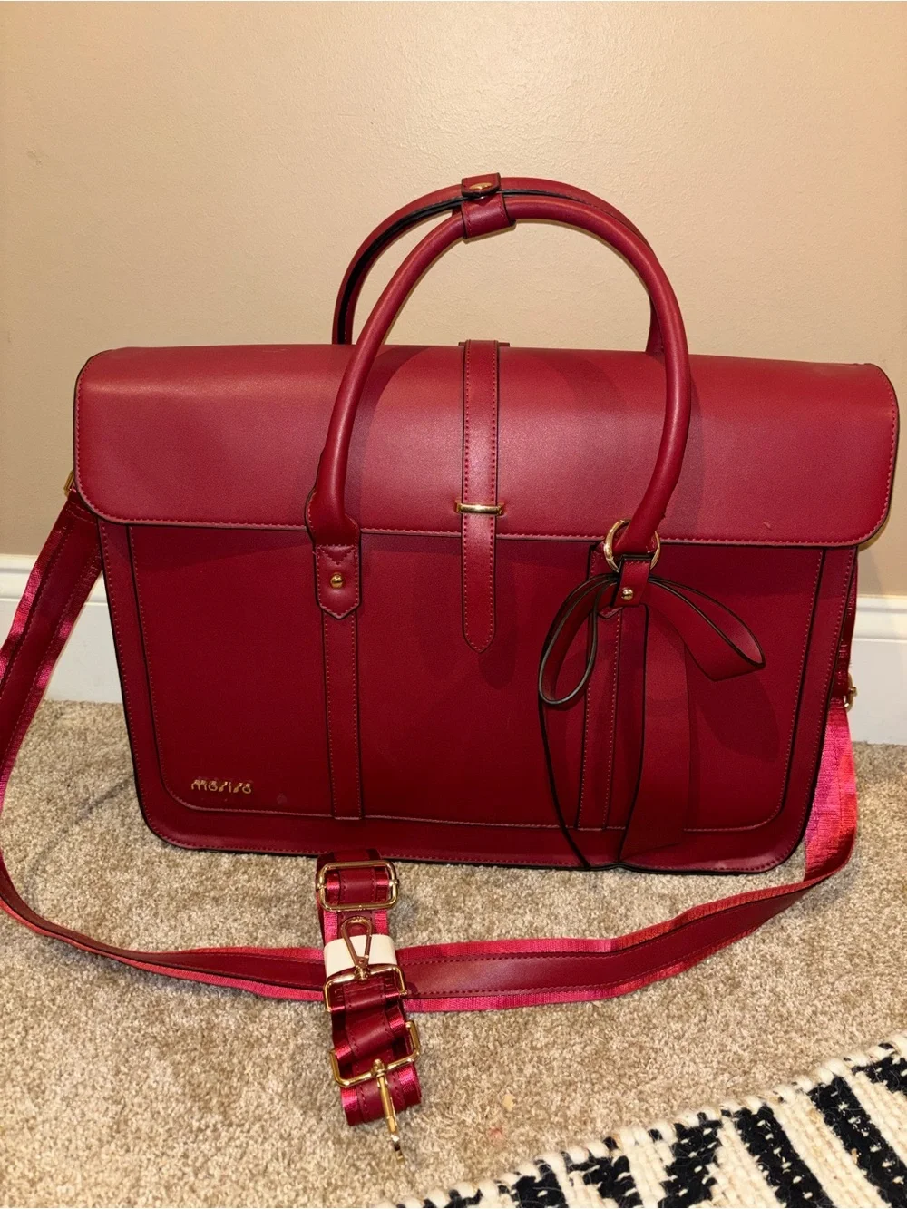 Red Leather Briefcase with Top Handles and Detachable Straps